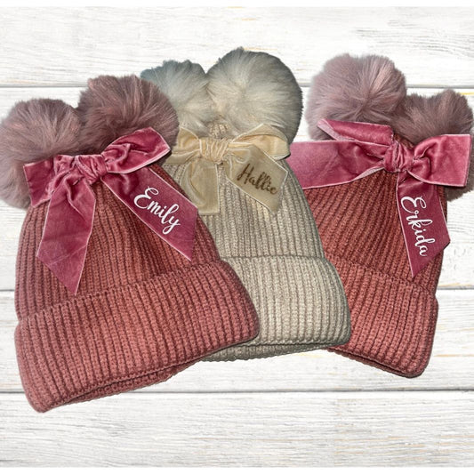 Personalised Children's Pom Pom Hat - Chunky Knit Hat with Bow