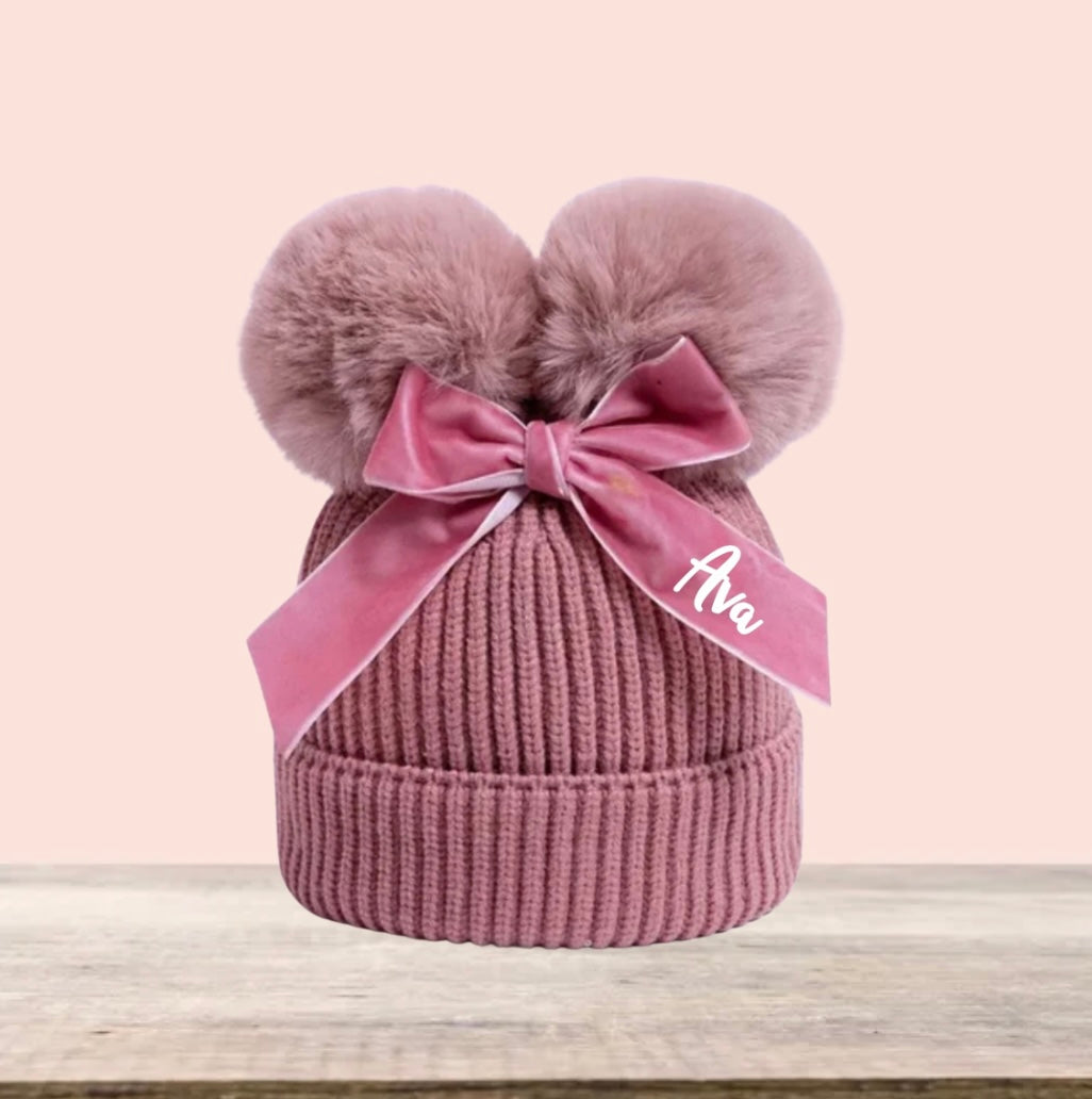 Personalised Children's Pom Pom Hat - Chunky Knit Hat with Bow