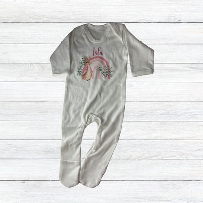 Personalised rainbow bunny sleepsuit