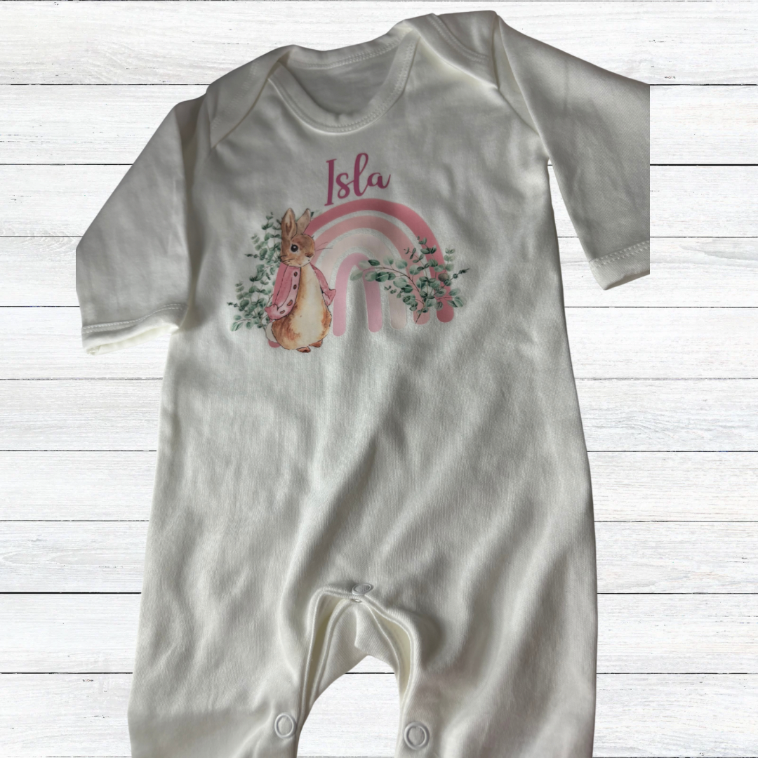 Personalised rainbow bunny sleepsuit