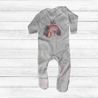 Personalised rainbow bunny sleepsuit